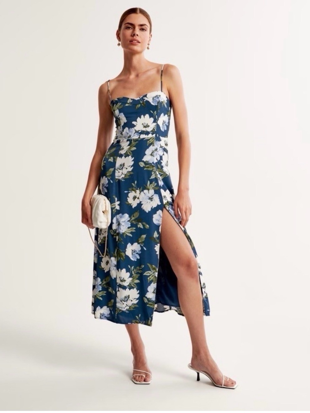 Abercrombie & Fitch Camille Navy Floral Midi Dress with Side Slit